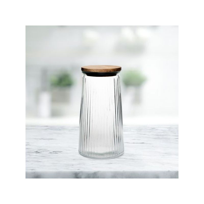 Amici Home Hawthorn Glass Canister, Airtight Storage Jar, Ribbed Glass with Acacia Lid, 2 of 4