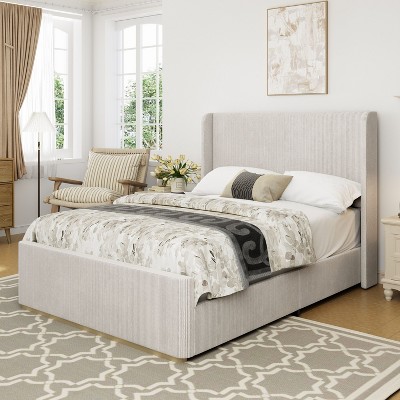 NicBex Morandi Pink/Gray Upholstered Platform Bed Frame Queen/King with Vertical Stripe Corduroy Wingback Headboard,No Box Spring Needed,Easy Assembly