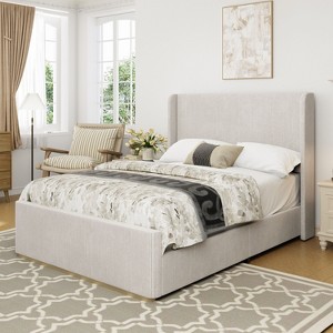 NicBex Morandi Pink/Gray Upholstered Platform Bed Frame Queen/King with Vertical Stripe Corduroy Wingback Headboard,No Box Spring Needed,Easy Assembly - 1 of 4