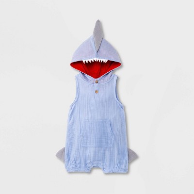 Image of Baby Boys' Gauze Elevated Shark Romper - Cat & Jack™ Periwinkle Blue 0-3M