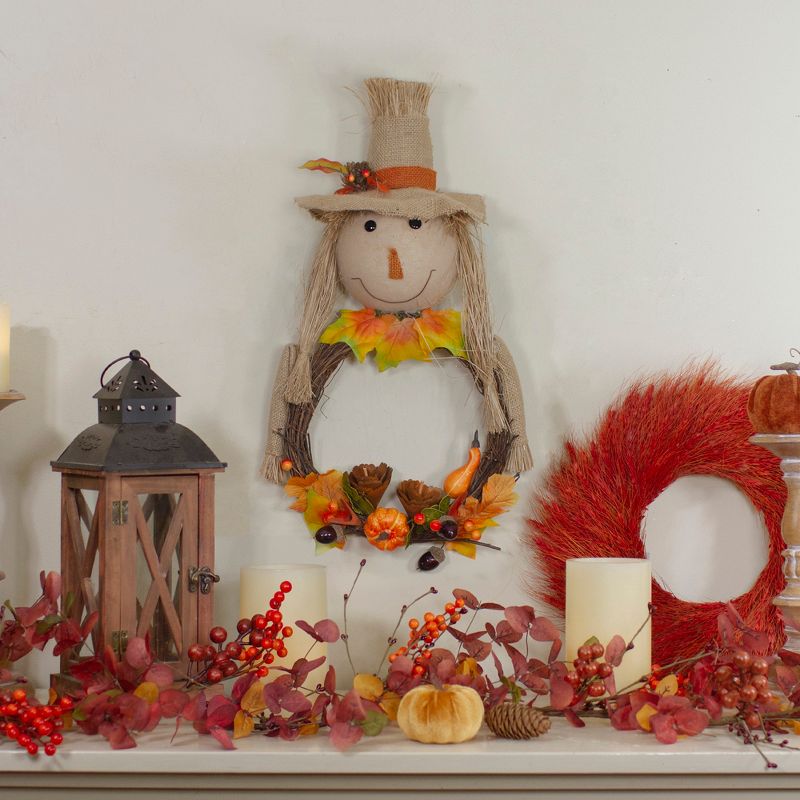 Northlight 20" Yellow and Tan Fall Harvest Scarecrow Artificial Wreath Wall Decor, 2 of 5