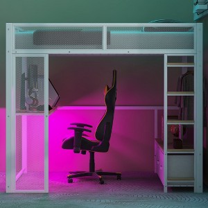 PAGED Full Size Loft Bed Simple Modern Metal Bed Frame with Desk, 3 Linen Drawers, LED and Guardrail for Bedroom - 1 of 4