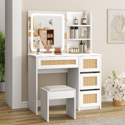 Rattan Makeup Vanity Desk with Charging Station, Vanity Desk with Mirror, 3 Lighting Modes LED Light