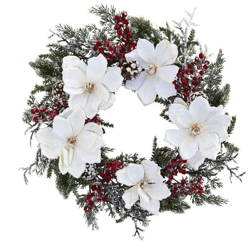 Nearly Natural 22” Snowed Magnolia & Berry Wreath, 1 of 4