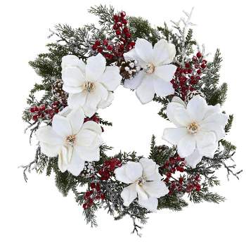 Nearly Natural 22” Snowed Magnolia & Berry Wreath