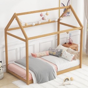 Okak Twin House-Shaped Roof Wooden Bed Frame,Modern Floor Bed for Toddlers/Kids Bedroom - 1 of 4