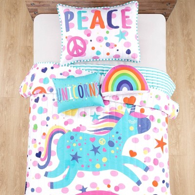 Full White Microfiber Reversible Unicorn Rainbow Quilt Set