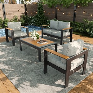 LayinSun 4 Pieces Aluminum Outdoor Patio Furniture Set with Coffee Table, Outside Metal Patio Conversation Sets with Deep Seating and Thick Cushions - 1 of 4