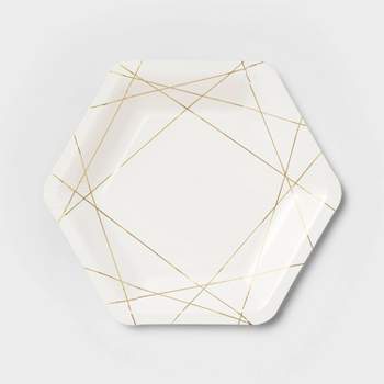10ct Geo Print Hex Snack Plates Gold White - Spritz™