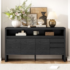 60" 3-Door Sideboard with 3 Drawers, Ash Veneer MDF, Semi-Open Shelf, Center Cutout, Large Storage Cabinet for Living Room - 1 of 4