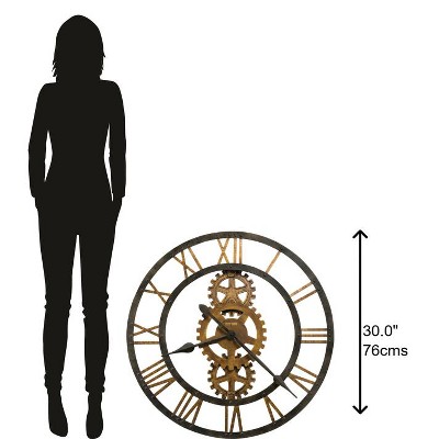 Oversized Gray and Brown Metal Wall Clock with Gears