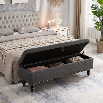 Vynxaria59" Bed Bench with Storage Grey Fabric