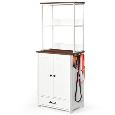 Lirago White and Dark Brown Cat Feeding Station 23.6x13.8x58.3"-2-Tier Storage with Adjustable Panel