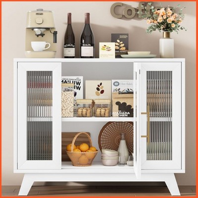 Homhougo 36" Sideboard Storage with Fluted Glass Door, Modern Buffet Storage Cabinet with 2-Tier, Accent Cabinet White
