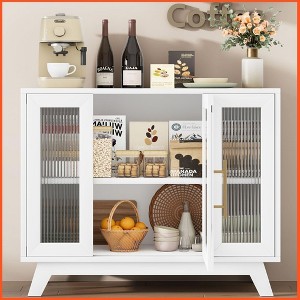 Homhougo 36" Sideboard Storage with Fluted Glass Door, Modern Buffet Storage Cabinet with 2-Tier, Accent Cabinet White - 1 of 4