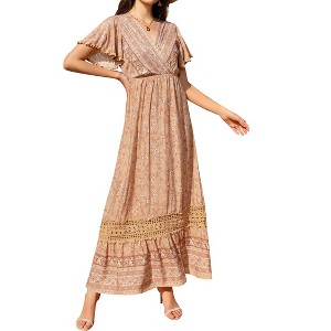 Clearlove Womens Boho Wrap Dresses: Women Summer Maxi Midi Beach Bohemian Floral Dress Short Sleeve V-Neck Casual Size - 1 of 4