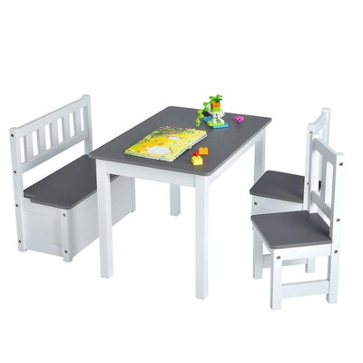 Costzon Kids Table and Chair Set, Wooden Activity Table with Storage Bench & 2 Chairs for Reading, Crafts, Snacks, Homework, Playroom (Grey)