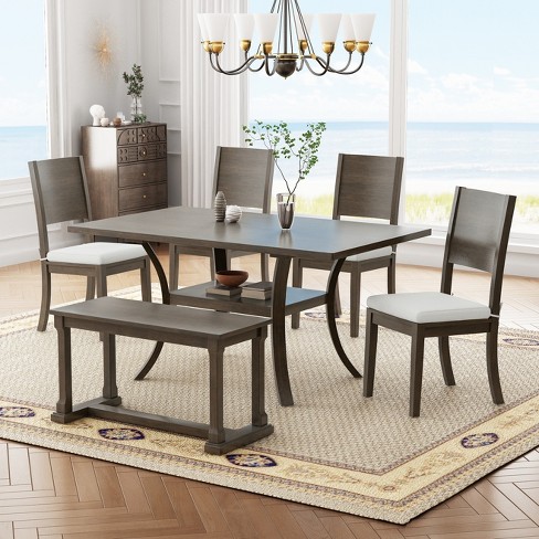 Whisen 6-Piece Wood Dining Table Set with Bench and 4 Removable Cushions Dining Chairs - image 1 of 4