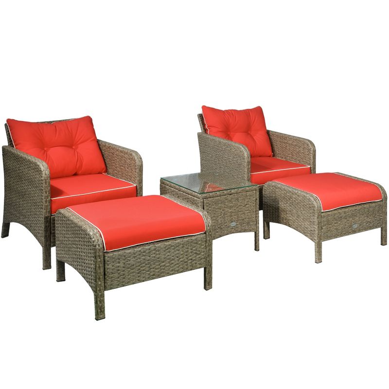 Outsunny 5 Pieces Rattan Wicker Lounge Chair Outdoor Patio Conversation Set with 2 Cushioned Chairs, 2 Ottomans & Glass Top Coffee Table, Red, 1 of 7