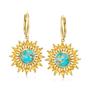 Ross-Simons Turquoise and 2.50 ct. t.w. Citrine Sunflower Drop Earrings in 18kt Gold Over Sterling - 1 of 3