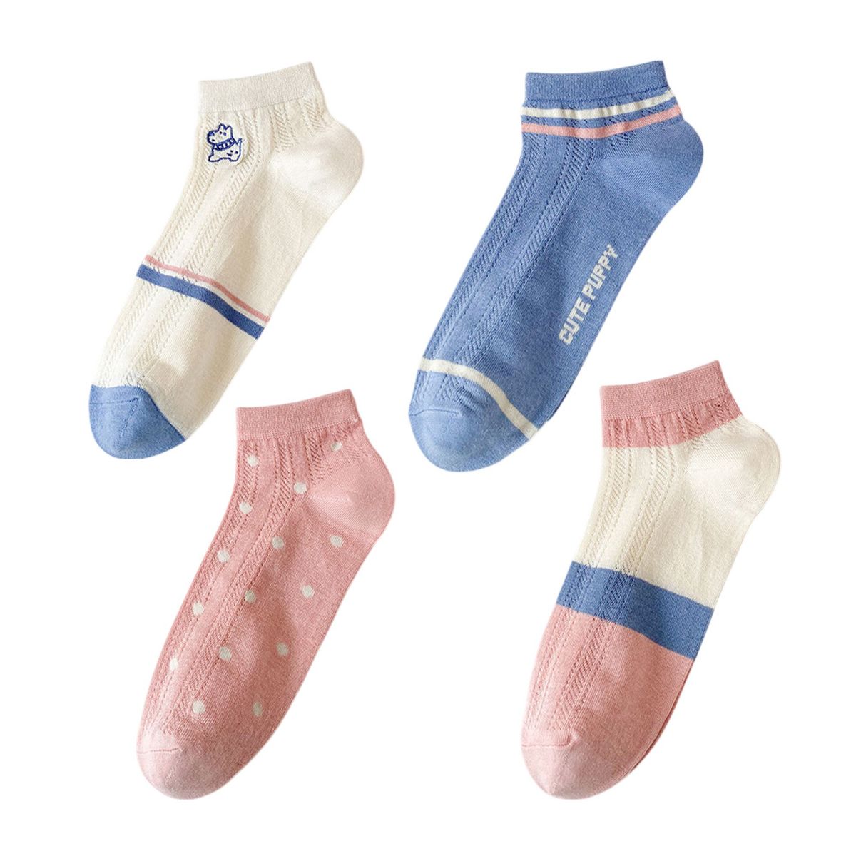 Anna-Kaci 4 Pairs Women's Low-Cut Mesh Knit Cotton Socks Cute Pattern Breathable Stretch