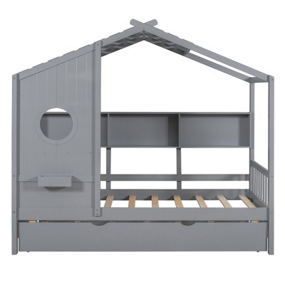 Bellemave Twin Size House Bed with Trundle for Kids,Twin Kids Bed Frame with Storage Shelves,Wood House Bed Frame for Girls,Boys,Can be Decorated,Gray