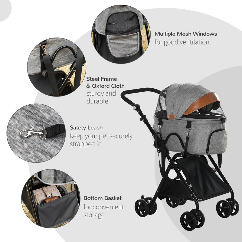 PawHut 2 in1 Foldable Pet Stroller and Detachable Travel Carriage with Lockable Wheels, Adjustable Handlebar Canopy and Zippered Mesh Window, 5 of 9