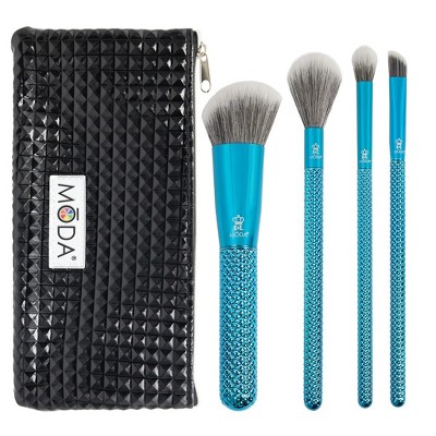 MODA Brush Metallics 5pc Defining Detailers Blue Makeup Brush Set with Black Studded Zip Case, Includes - Angle Blender, Diffuser, Crease and Triad Eye Brushes