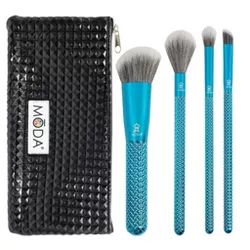 MODA Brush Metallics Defining Detailers Blue 5pc Makeup Brush Set with Black Studded Zip Case, Includes - Angle Blender, Diffuser, and Crease Brushes