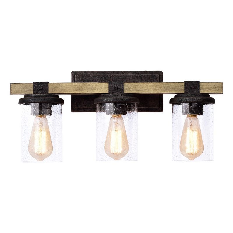 C Cattleya 3-Light Woodgrain and Black Textured Vanity Light with Clear Seeded Glass, 1 of 8