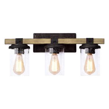 C Cattleya 3-Light Woodgrain and Black Textured Vanity Light with Clear Seeded Glass