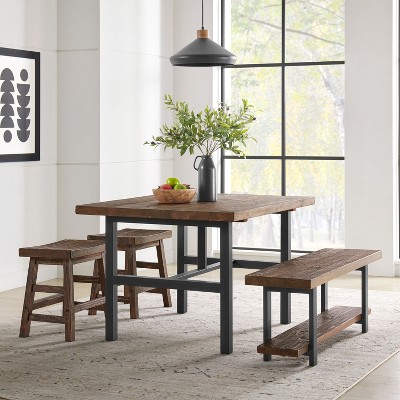 Pomona Reclaimed Wood and Metal Dining Table, Rustic Natural Finish
