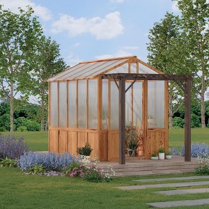 8x13FT Greenhouse Kit with Pergola, Wooden Greenhouse with Cedar Frame, Outdoor Wood and Polycarbonate Walk-in Greenhouses with Roof Vent - 1 of 4