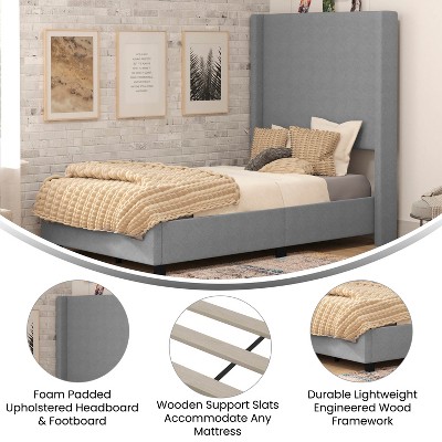 Elysian Twin Gray Linen Upholstered Bed with Sleek Wingback Headboard