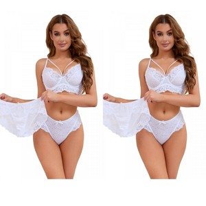 INSPIRE CHIC 2 Sets Women's Cross-Straps Bralette and Panty Mesh Floral Lace Bra and Underwear - 1 of 4