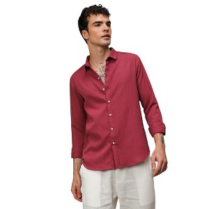 Campus Sutra Men Men's Blush Red Self-Design Striped Shirt - 1 of 3