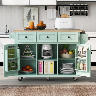 Rolling Kitchen Island Cart, with Wood Desktop, Cabinet and Drawers, Spice Rack, Towel Rack, Wine Rack, for Kitchen, Dining