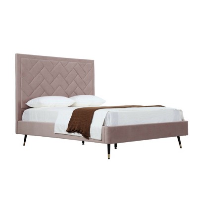 Blush Velvet Upholstered Queen Bed with Chevron Headboard