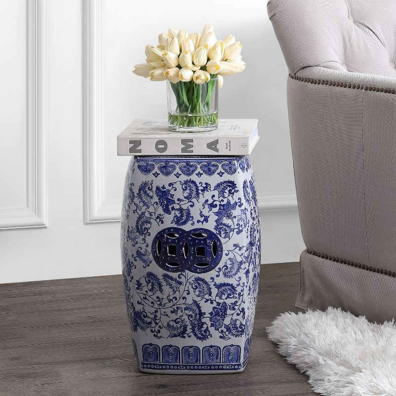 JONATHAN Y Floral Vine 18.5" Chinoiserie Ceramice Square Garden Stool, Blue/White, 5 of 7
