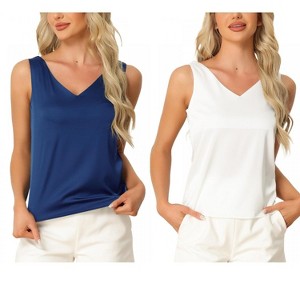 INSPIRE CHIC Women's 2 Pcs Tank Top Silky Satin Casual Basic V Neck Sleeveless Camisole - 1 of 4