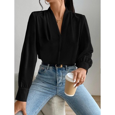 Spring Autumn Winter New European And American Style Long Sleeve V-Neck Solid Color Loose Shirt