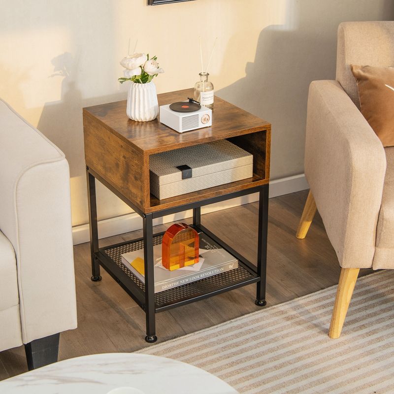 Costway 16" 3-tier Wood Top End Table w/ Metal Frame Storage Cube & Mesh Shelf Square, 4 of 11