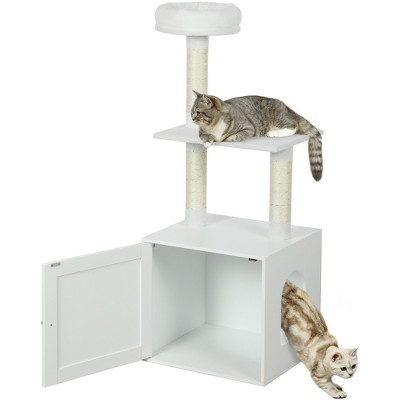 PawHut Cat Tree with Litter Box Enclosure for Indoor Cats with Scratching Posts, Bed, Climbing Platforms, Modern Style Pet Furniture, White