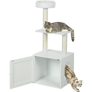 PawHut Cat Tree with Litter Box Enclosure for Indoor Cats with Scratching Posts, Bed, Climbing Platforms, Modern Style Pet Furniture, White - 1 of 4