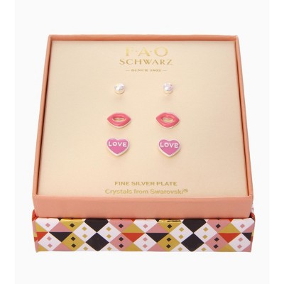 FAO Schwarz Lips & Heart Trio Stud Earring Set