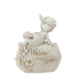 Northlight 7.5" Boy on Rock "Welcome to My Garden" Outdoor Patio Garden Statue - Ivory - 1 of 2