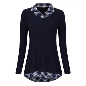 BLUEMING Womens Polo Shirts Color Block Faux Layering Shirts Plaid Shirts Teacher Shirts Everyday Tops - 1 of 3