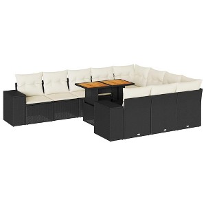 vidaXL Garden Sofa Set Black PE rattan, powder-coated steel, acacia wood - Black and Cream (with Storage) 6x Middle + 2x Corner + Table - 1 of 4