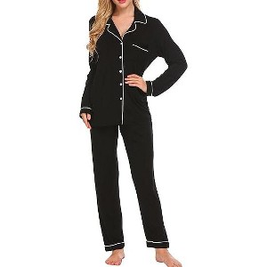 Ekouaer Pajamas Women's Long Sleeve Sleepwear Soft Button Down Loungewear Pjs Lounge Set Nightwear - 1 of 4