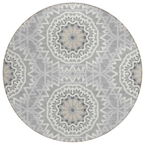 Gray Silver And Ivory Floral Medallion Washable Indoor Outdoor Area Rug - 1 of 4